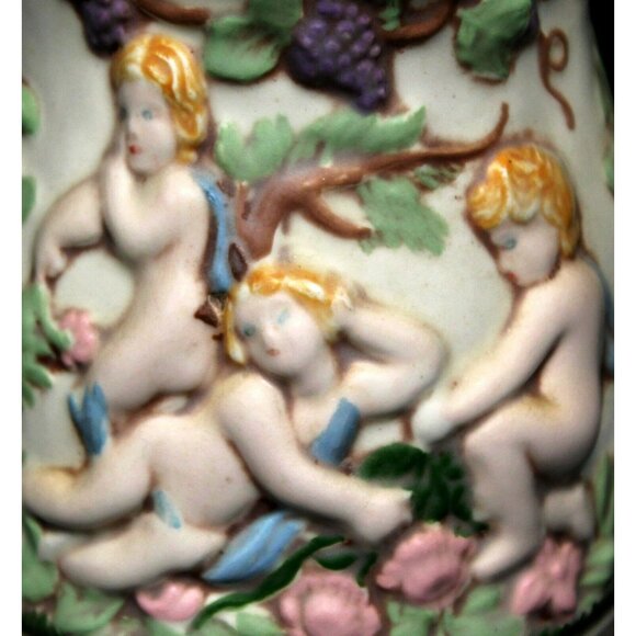 VTG 1972 Hazel Cousins Cherub Ceramic White Pitcher Multicolored Vineyard Design - Picture 2 of 11